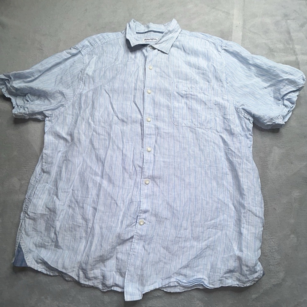 Tommy Bahama Mens XL Blue Vertical Stripe Linen Tencel Button Short Sleeve Shirt